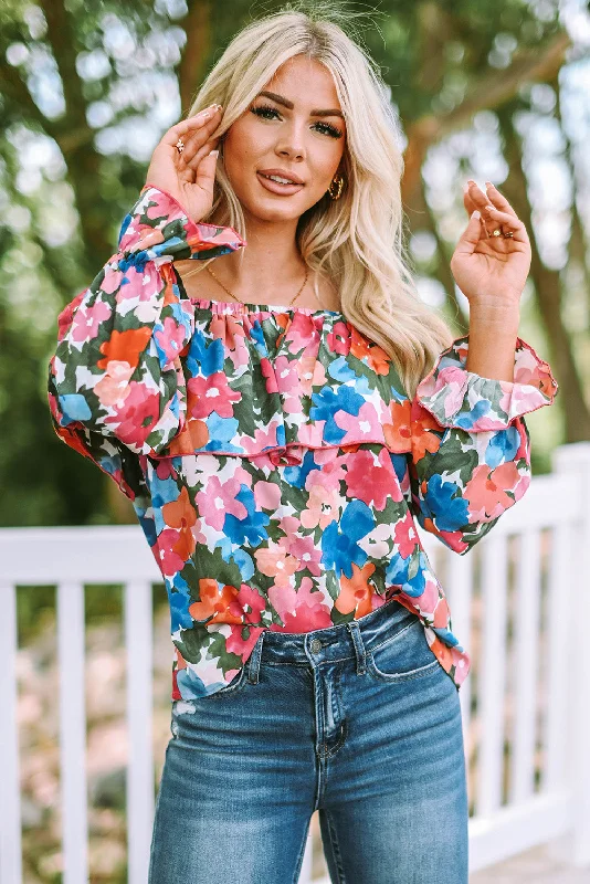 Multicolor Bohemian Floral Print Shirred Ruffle Off Shoulder Blouse