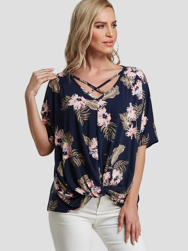 Custom V-Neck Floral Print Criss-Cross Twist Short Sleeve Navy T-Shirts