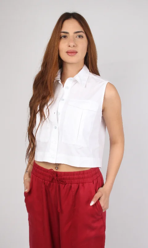 Women Sleeveless Crop Shirt Oversized (White)