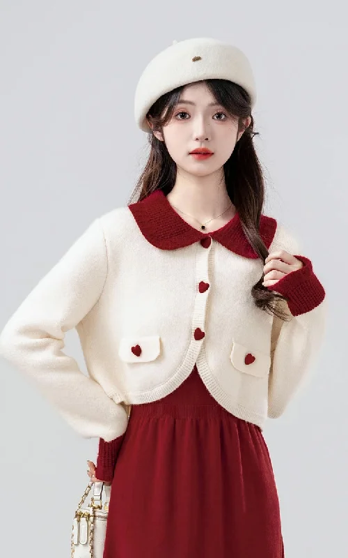 Sweetheart Cropped Cardigan (White/Red)