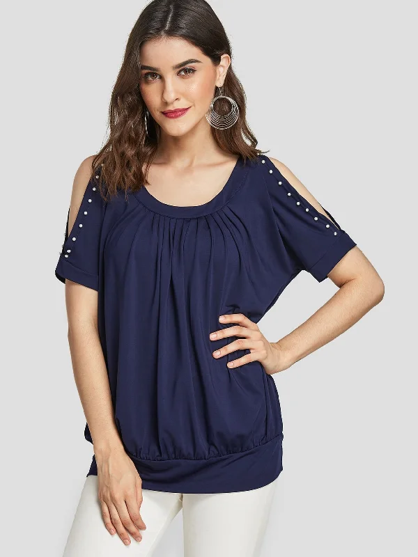 Wholesale Round Neck Cold Shoulder Pleated Short Sleeve Navy T-Shirts