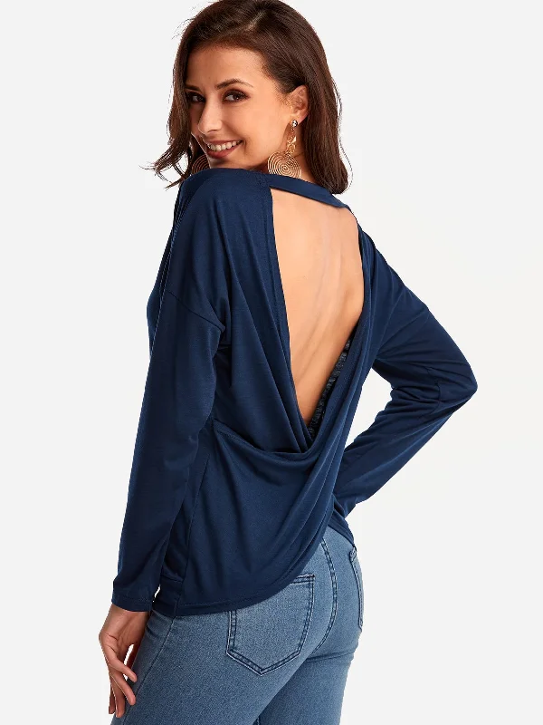 OEM ODM V-Neck Plain Backless Long Sleeve Navy T-Shirts