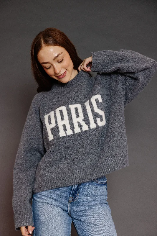 Paris Letter Front Sweater in Gray