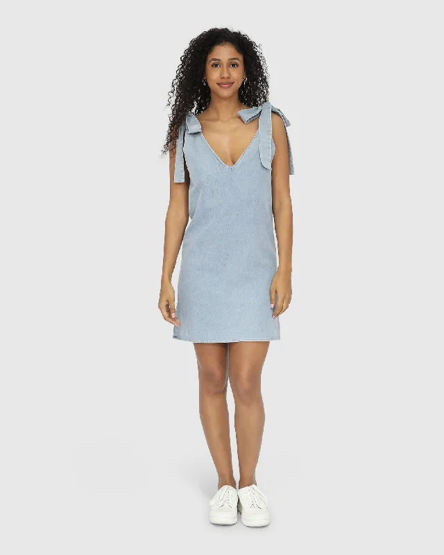 Burning Love Tie Shoulder Mini Dress - Stonewash