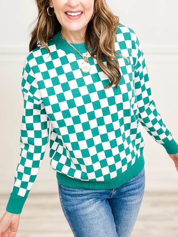 Checkboard Crew Neck Pullover Sweater in Kelly Green