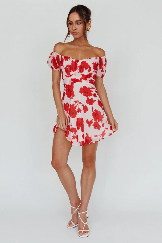 Linka Puff Sleeve Waist Tie Dress Floral Red