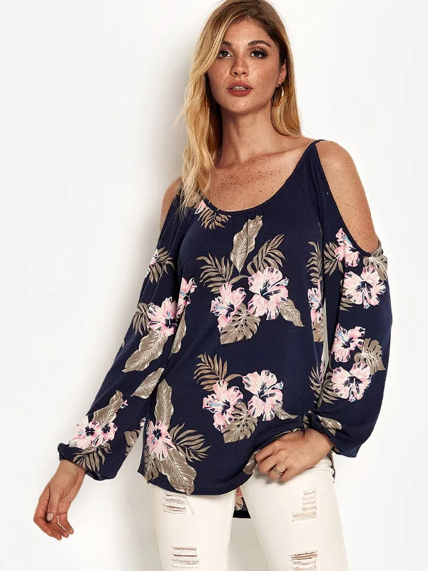 Wholesale Navy Round Neck Cold Shoulder Long Sleeve Floral Print T-Shirts