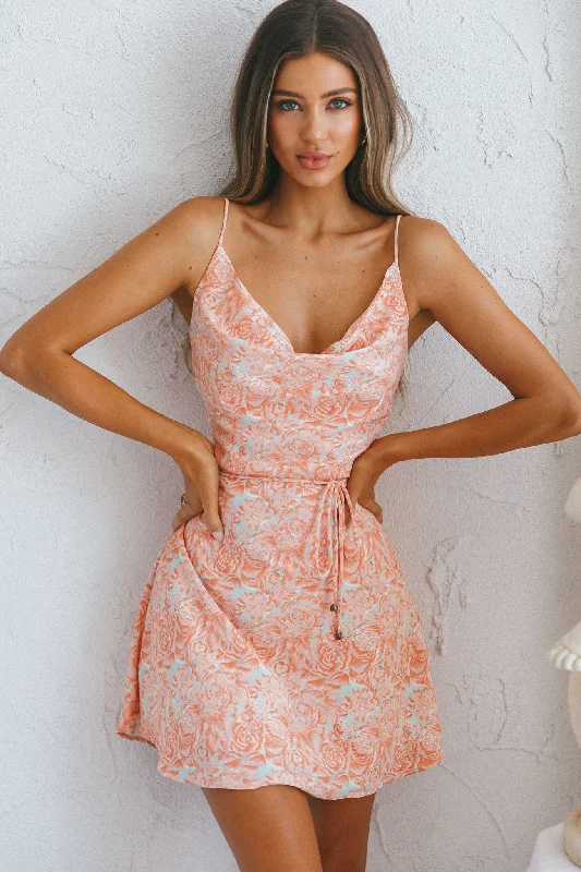 Sweet Memories Cowl Neckline Slip Dress Vintage Floral Print Peach