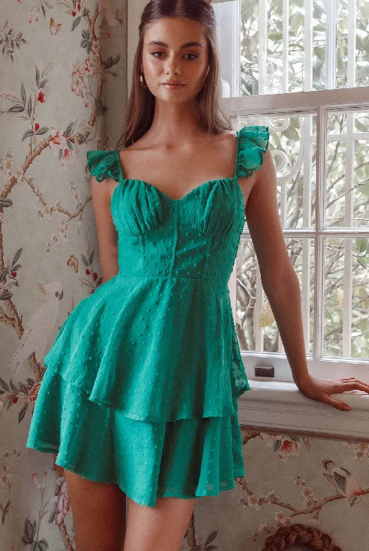 Theory Sweetheart Neckline Frill Strap Mini Dress Textured Green