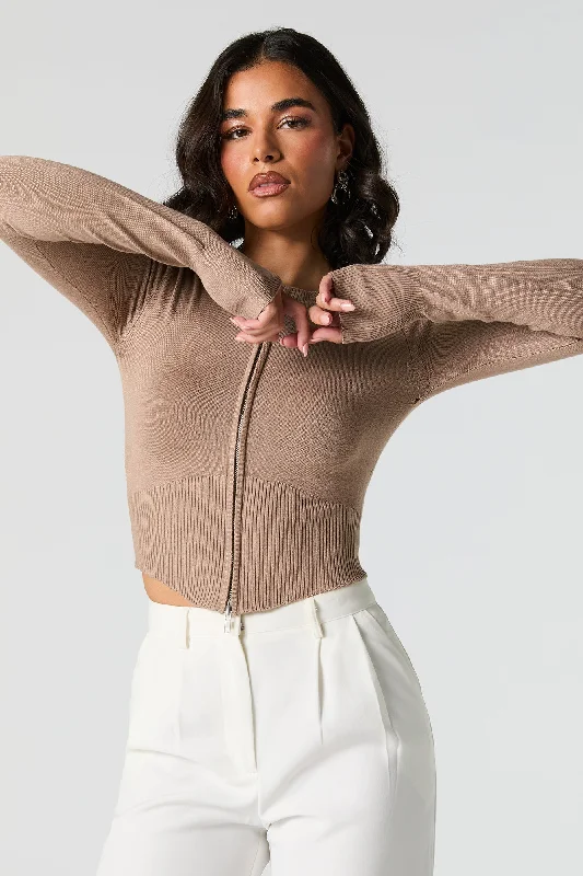 Zip-Up Curved Hem Sweater