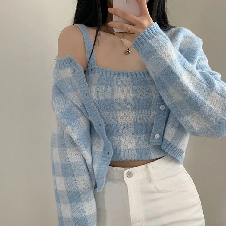 Gingham Cropped Cardi & Cami Set (5 Colors)