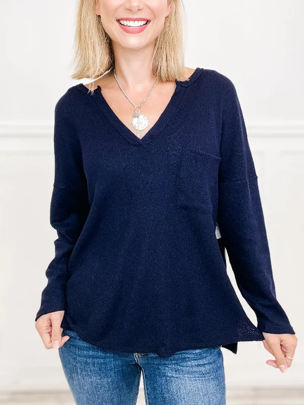 Long Sleeve Knit Sweater Top with V-Neckline and Front Pocket