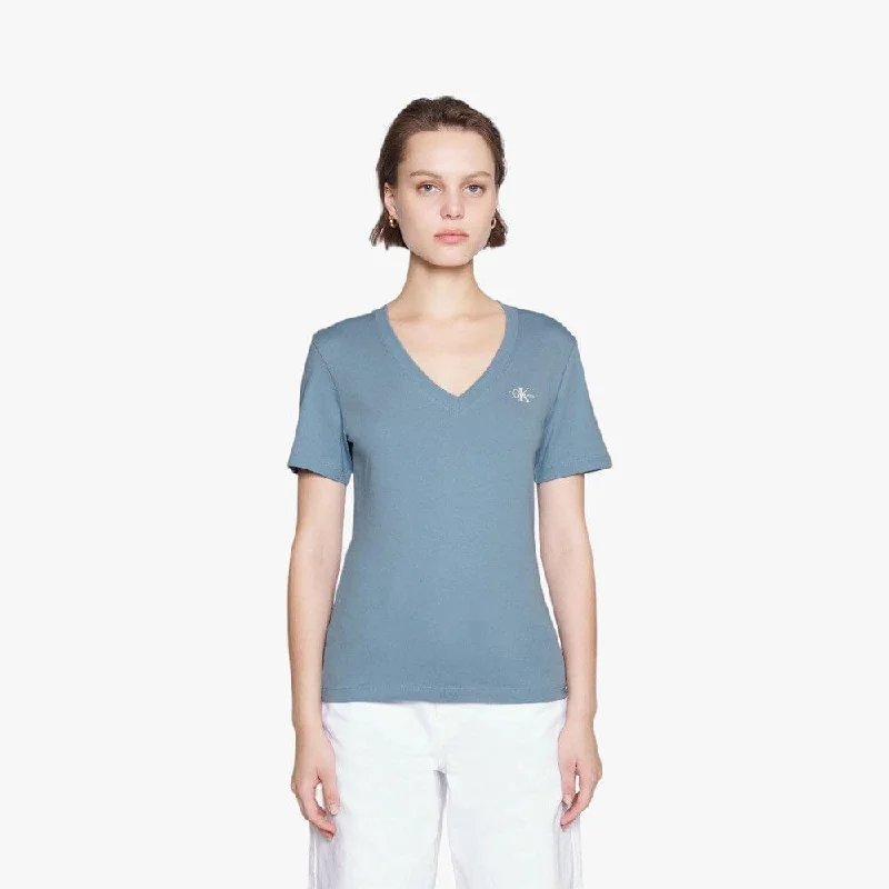 Calvin Klein Womens Micro Mono Logo Short Sleeve V Neck Tee Blue