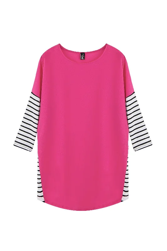 Custom Round Neck Stripe 3/4 Sleeve Irregular Hem Pink T-Shirts