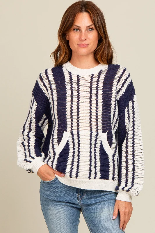 Navy Blue Striped Front Pocket Sweater