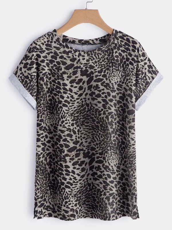 Wholesale Round Neck Leopard Short Sleeve Slit Hem T-Shirts