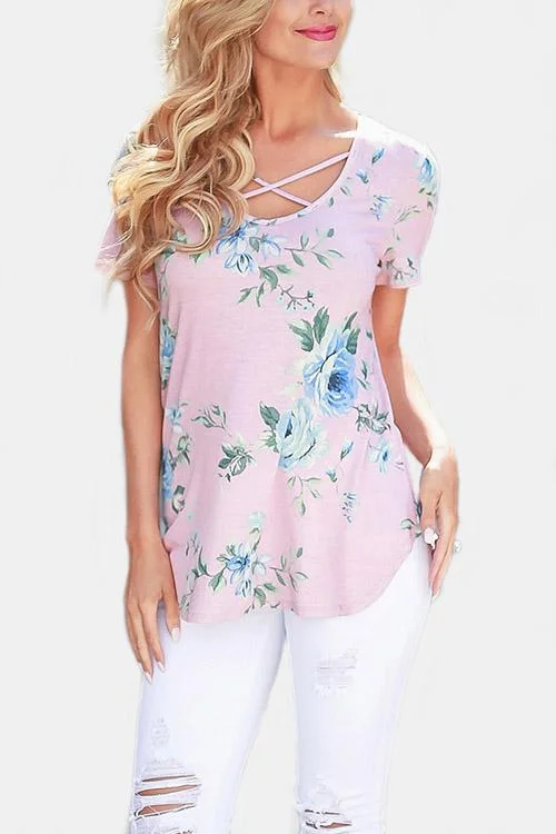 Wholesale V-Neck Short Sleeve Floral Print Top