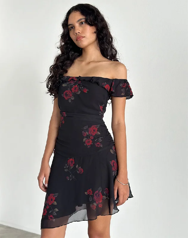 Ursula Bardot Mini Dress in Black Vintage Rose