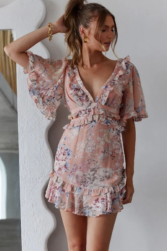 My Belle Cut-Out Detail Frill Accent Dress Vintage Floral Print Peach