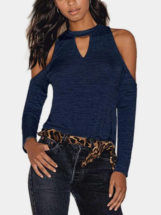 Custom Cold Shoulder Cut Out Long Sleeve Navy Top