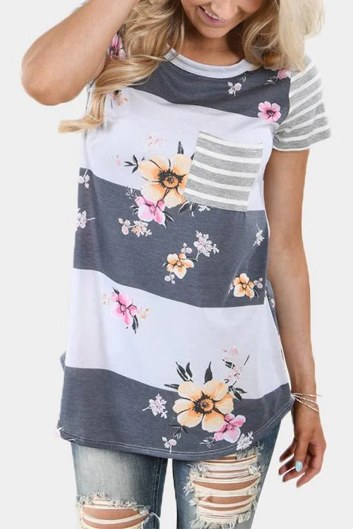 OEM ODM Round Neck Stripe Floral Print Short Sleeve T-Shirts