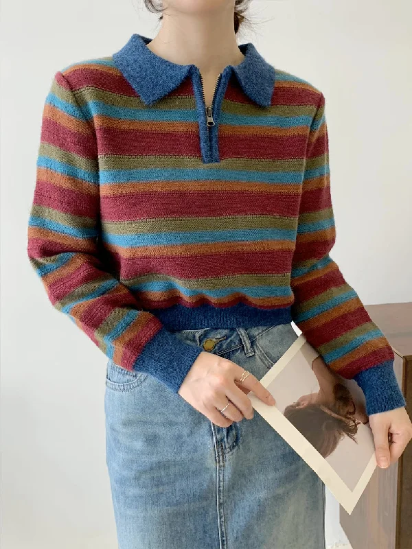 Autumn Vintage Stripe Polo Sweater (Blue/Red)