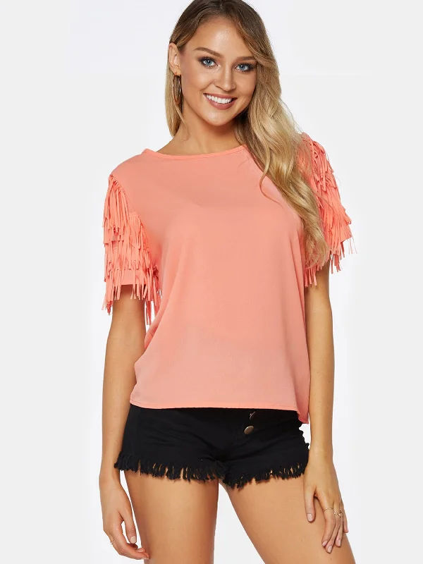 OEM ODM Round Neck Plain Tassel Short Sleeve Orange Top