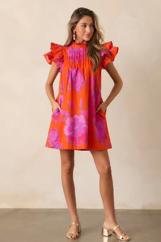 Breezes And Blooms Cotton Orange Flutter Sleeve Mini Dress