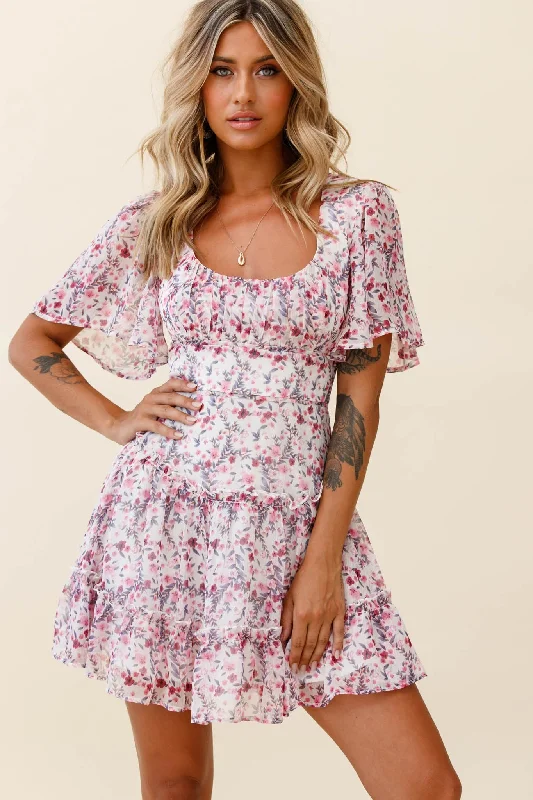 Stolen Moments Angel Sleeve Ruffle Dress Floral Print Pink Multi