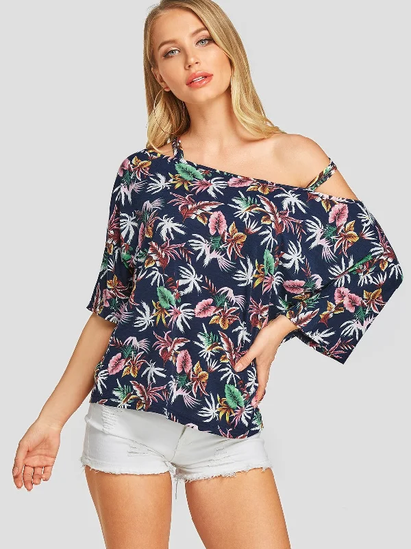 Wholesale Off The Shoulder Floral Print Backless 3/4 Sleeve Navy T-Shirts