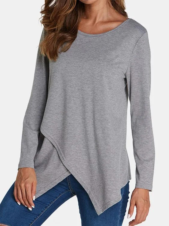 Custom Round Neck Crossed Front Long Sleeve Irregular Hem T-Shirts