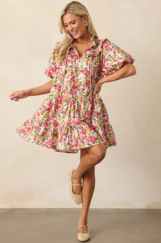 Botanical Garden Date Cotton Pink Puff Sleeve Mini Dress