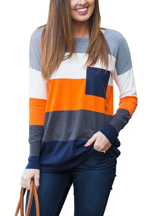 Wholesale Round Neck Stripe Side Pockets Long Sleeve T-Shirts