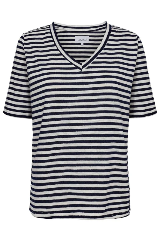 Liberte - Ulla-Ss-Vneck-Stripe-Tshirt - Navy White Stripe