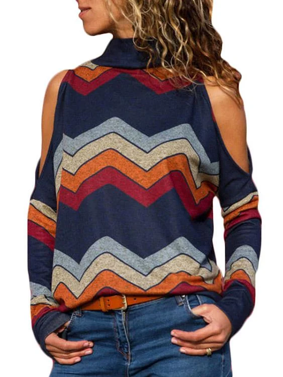 Wholesale Cold Shoulder Stripe Long Sleeve T-Shirts