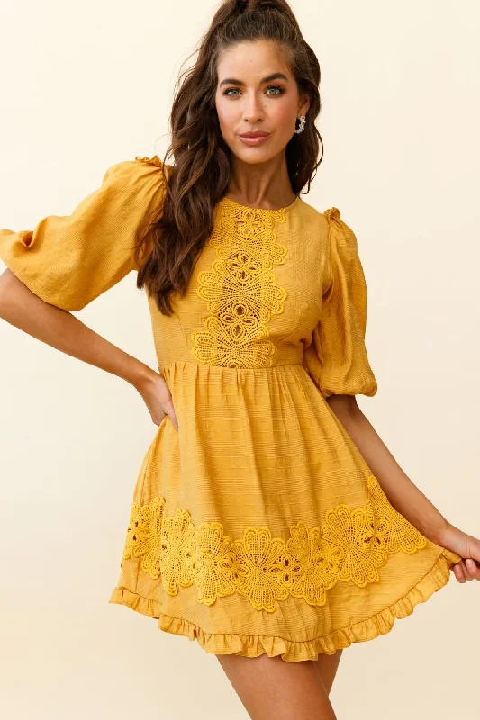 Sunday Morning Applique Embellished Open Back Dress Yellow