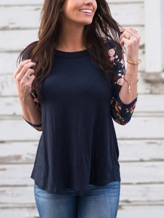 Custom Round Neck 3/4 Sleeve Navy Top