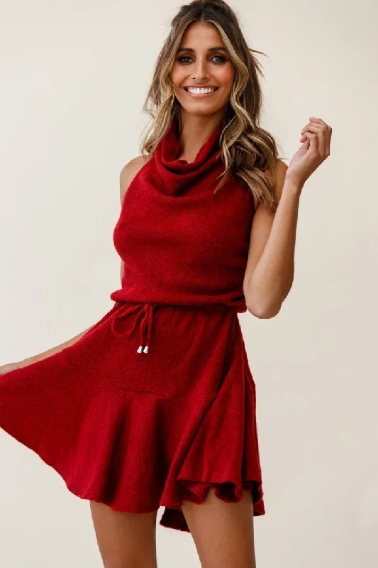 Cosette Cowl Halterneck Knit Dress Wine