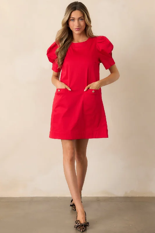 Wine Cellar Tour Cotton Red Puff Sleeve Mini Dress