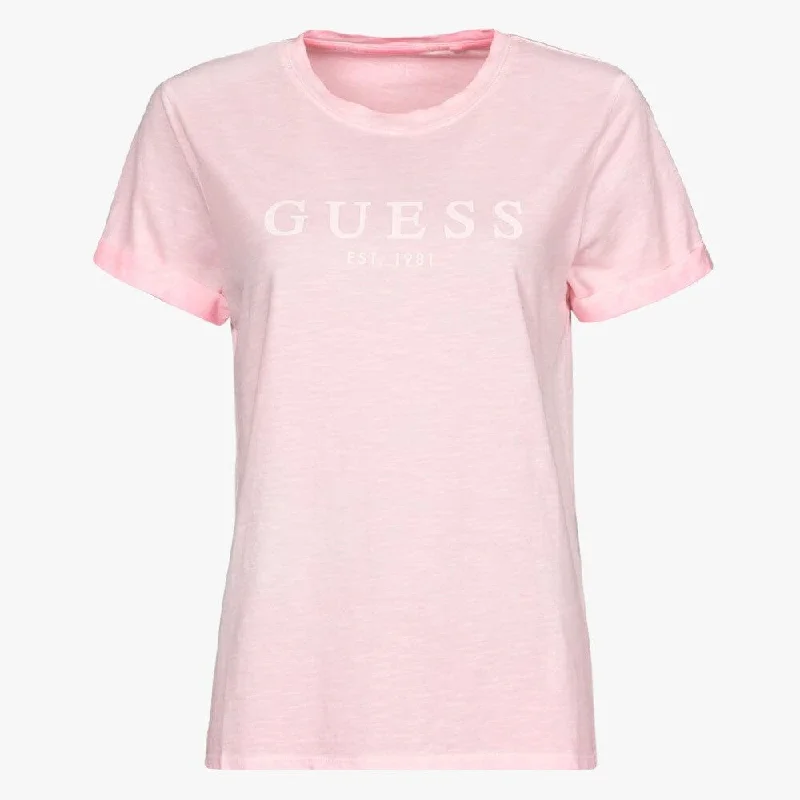 Guess Womens 1981 Roll Cuff Short Sleeve Tee Pink