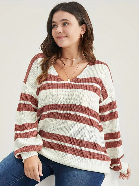 Striped V-Neck Drop Shoulder Sweater