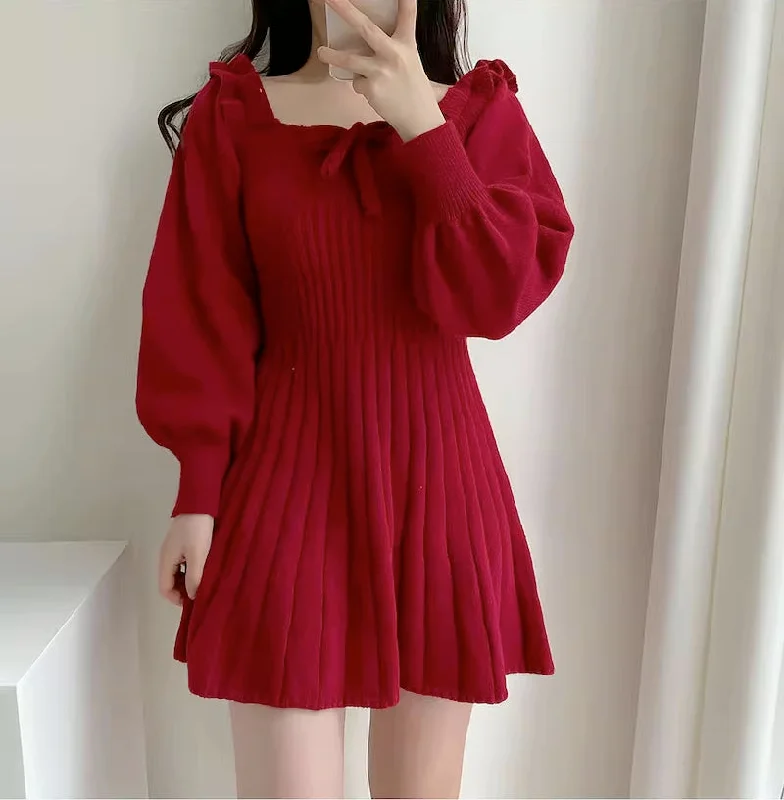 Ribbed Square Neck Mini Sweater Dress (Red)