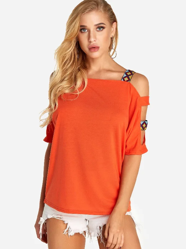 Custom Round Neck Cold Shoulder Cut Out Half Sleeve T-Shirts