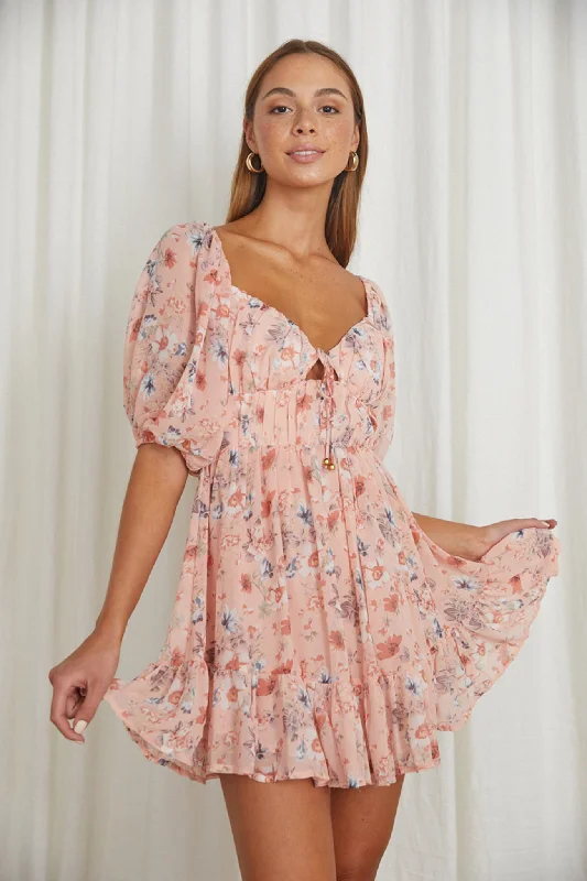 Vista Del Mar Tied Bust Mini Dress Floral Pink