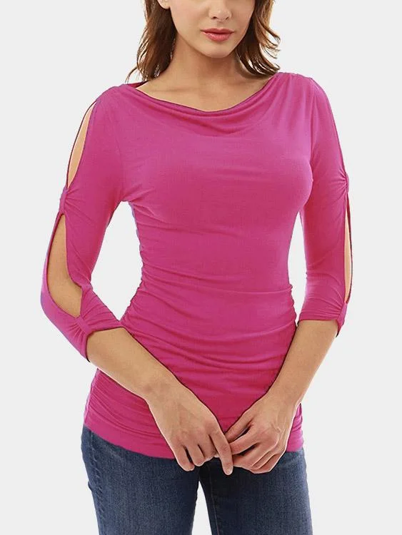 Wholesale Cold Shoulder 3/4 Length Sleeve Pink T-Shirts