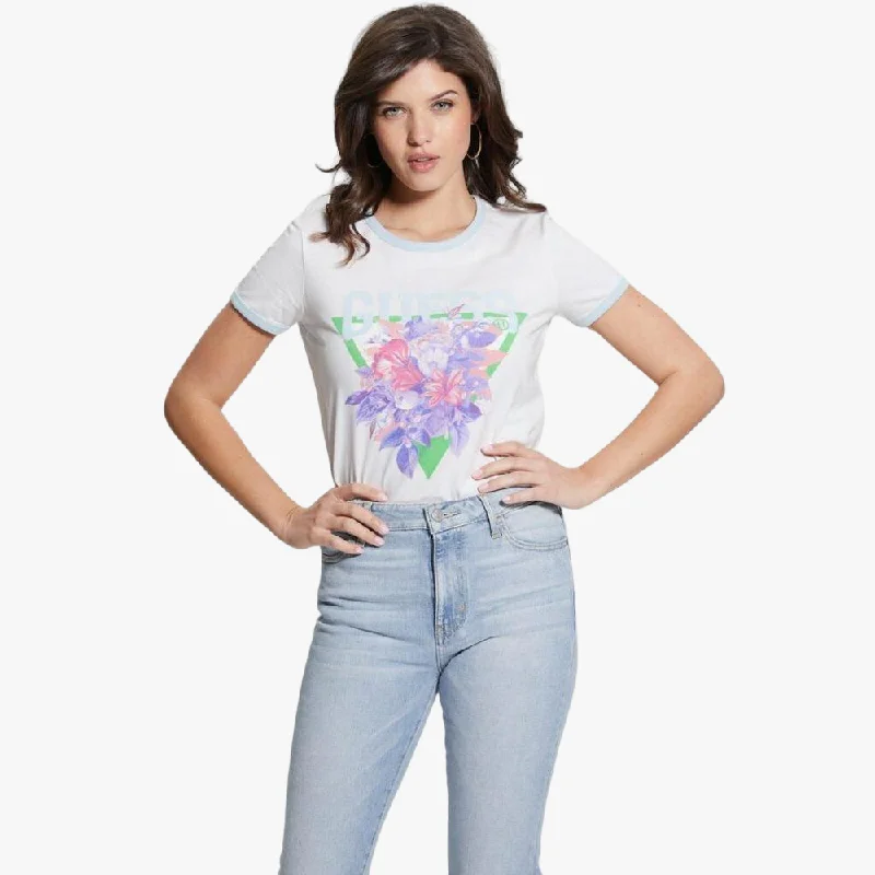 Guess Womens Triangle Bouquet Short Sleeve Tee White