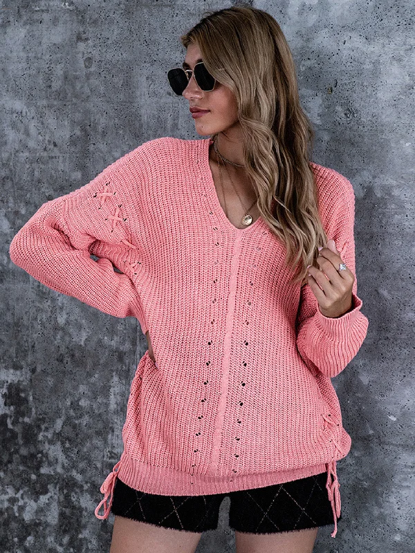 Lace-Up V-Neck Dropped Shoulder Sweater