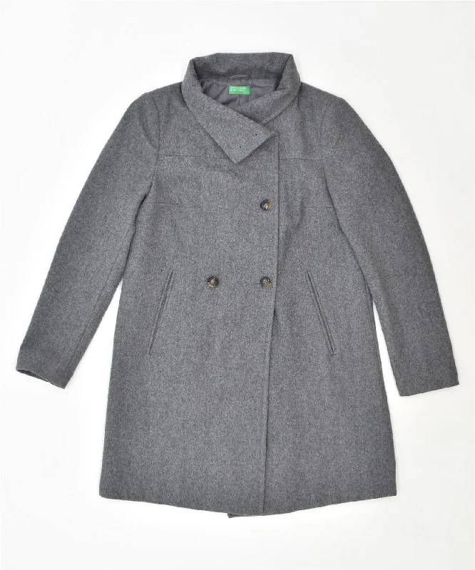 BENETTON Womens Double Breasted Overcoat UK 12 Medium Grey New Wool