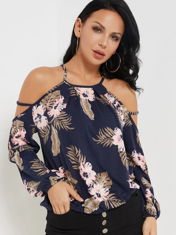 Wholesale Cold Shoulder Floral Print Cut Out Long Sleeve Navy Top