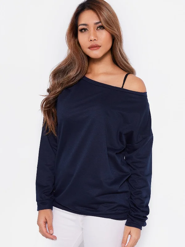 Custom One Shoulder Long Sleeve Navy Top